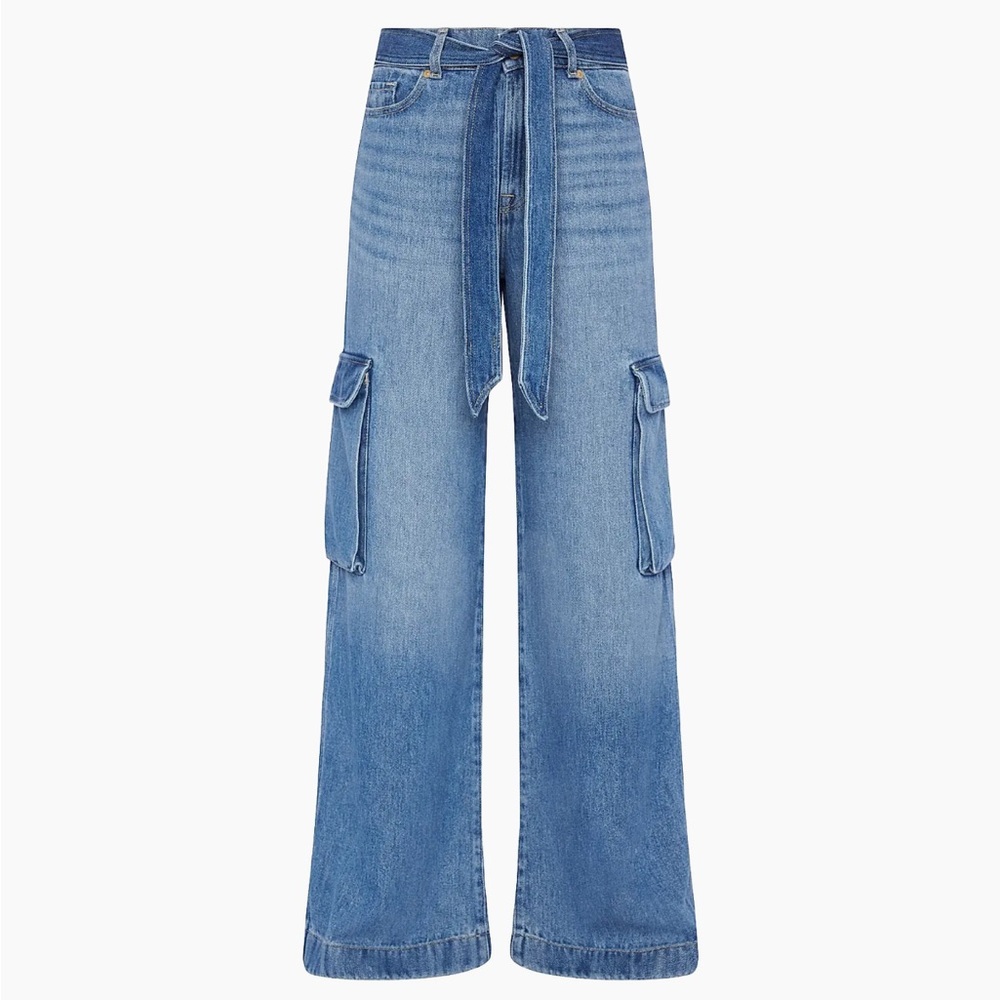 7 For All Mankind Denim Tie-Waist Cargo Palazzo Jeans - Picture 1 of 7